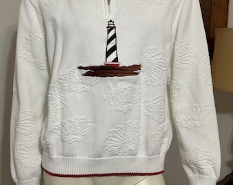 Pull Cabela's Lighthouse brodé en relief 3D en tricot vintage des années 1990 - Taille L