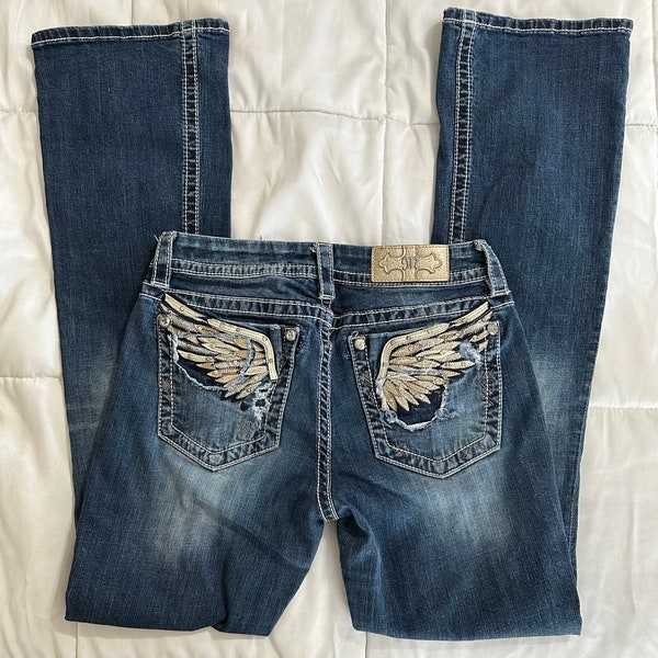 Miss Me Signature Bootcut Jeans with Leather & Jewel Feathers on Back Pockets - size 28/33