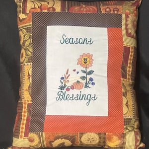 Handmade Quilted Fall Patchwork Pillow, Embroidered Autumn Blessings Throw Cushion, Pumpkin and Sunflower Farmhouse Harvest Decor
