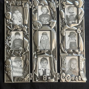 Vintage Royal Limited Silver Birthdays Photo Frame, Tri-Fold Hinged 3D Pewter Tone Multi Photo Collage, Childrens Ages 1-9 Nursery Keepsake