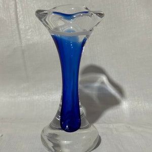 Vintage 1960’s Coquille Flygsfors Blue, White & Clear Glass Vase by Paul Kedelv - signed &quot;Flygsfors, Coquille&quot; on bottom - Made in Sweden