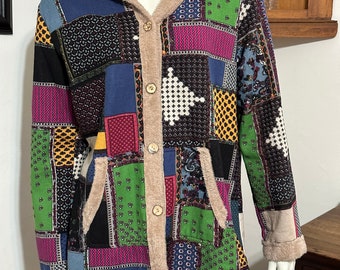 E-RETRO Inner Sherpa Fleece Patchwork Design Hoodie Jacket - size XL - NWT
