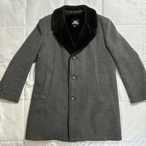 Stafford Men’s Gray Wool Peacoat with Black Faux Fur Lining & Collar - 44 Long