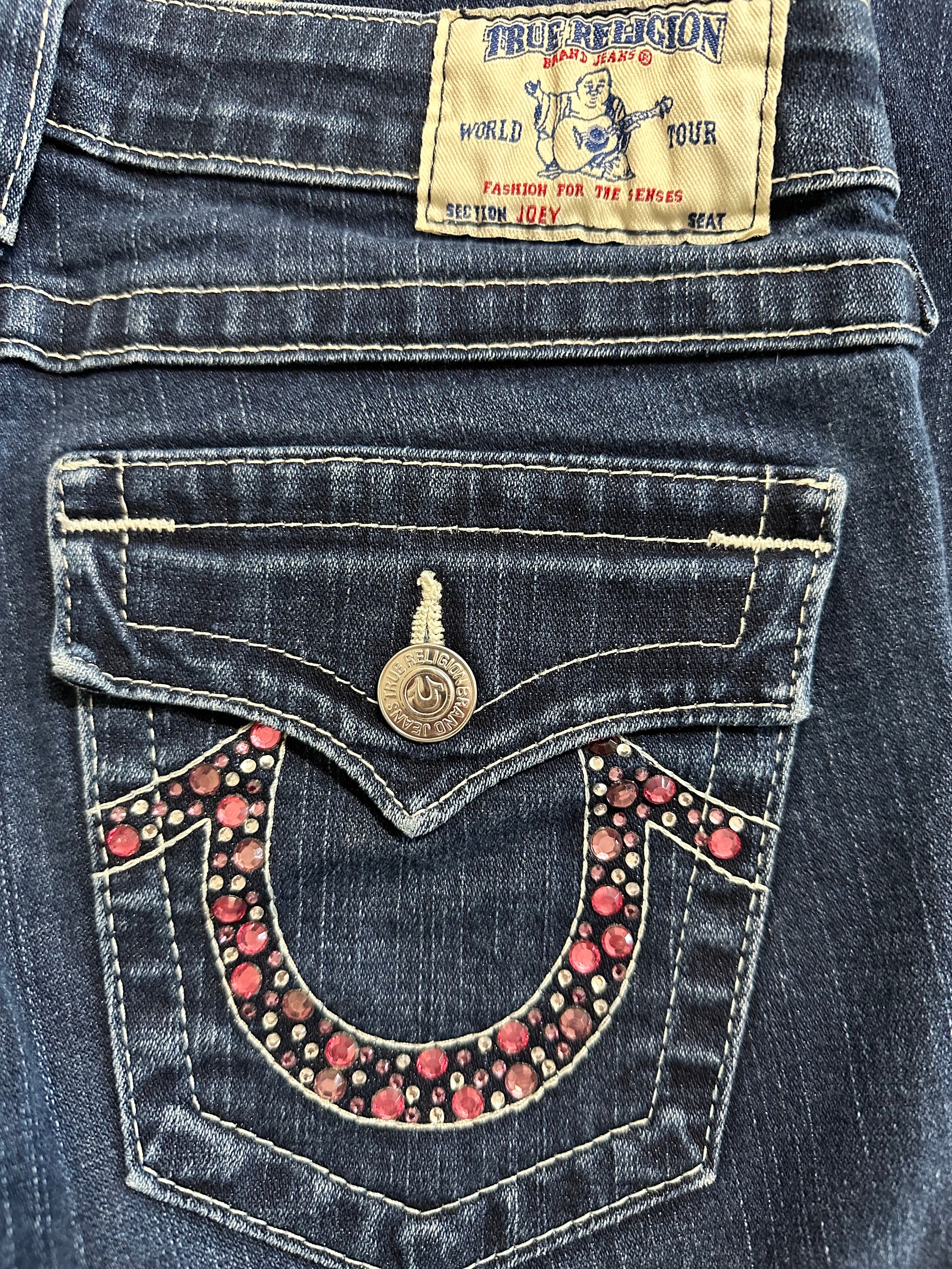 True Religion Joey Dark Wash Low Rise Pink Jewels Flare True Religion Joey Dark Wash Low Rise Pink Jewels Flare