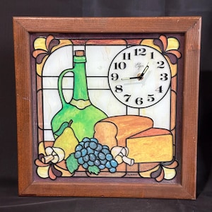 Vintage 70’s Elgin Stained Glass Quartz Wall Clock 15” x 15” Fruit, Wine, Bread & Cheese