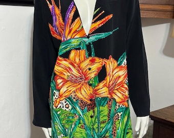 DIANE GILMAN 100% Silk Floral Sequin Button Up Blouse Multicolor Women's size L