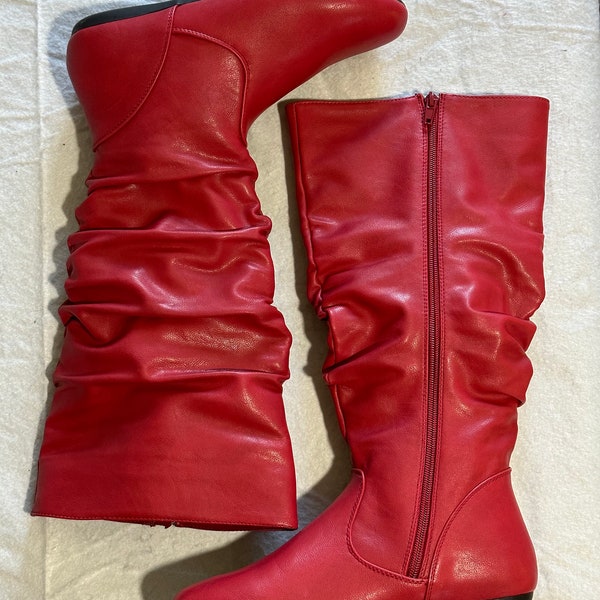 Vintage 90’s Hotcakes Red Faux Leather Slouch Flat Boots - size 8.5M - NOS
