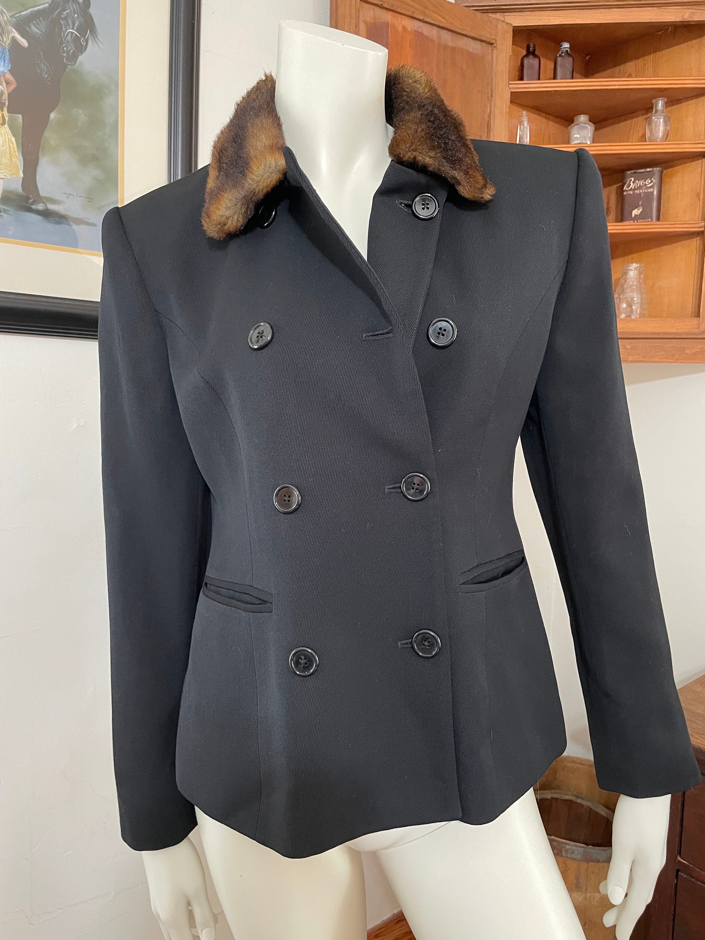 Vintage 80's Lauren Ralph Lauren Faux Fur Collared Black Wool Coat