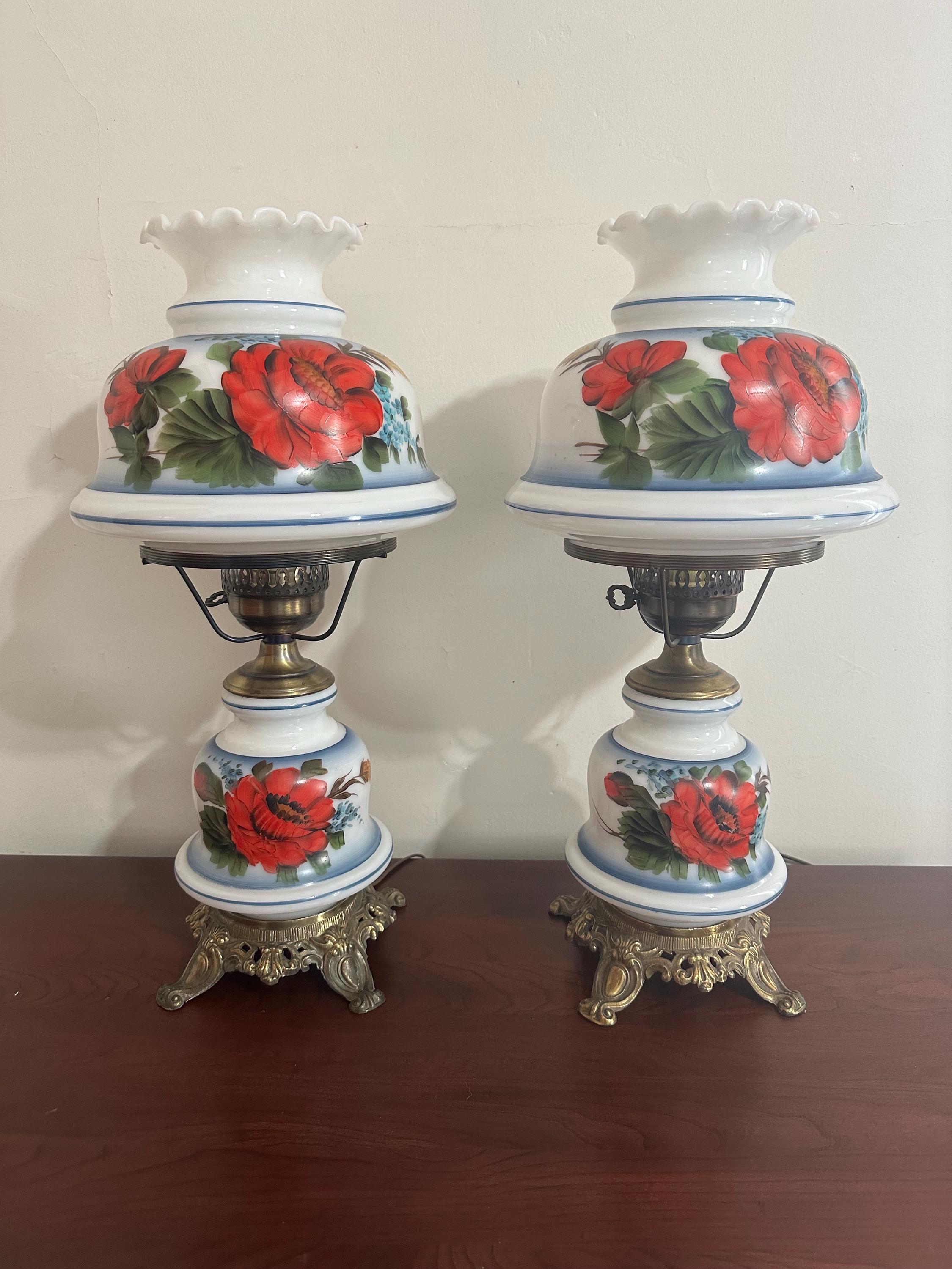 Vintage 70's Hand Painted Floral Milk Glass Hurricane 3 Way Lamps