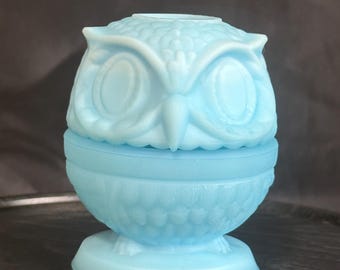 Vintage Fenton Blue Satin Glass Owl Fairy Lamp Two Piece Candle Holder Excellent Condition With Original Logo Sticker