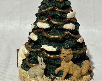 Estatueta de árvore de Natal articulada de resina vintage dos anos 90 com Papai Noel e animais, cena de inverno, diorama de 4" de altura