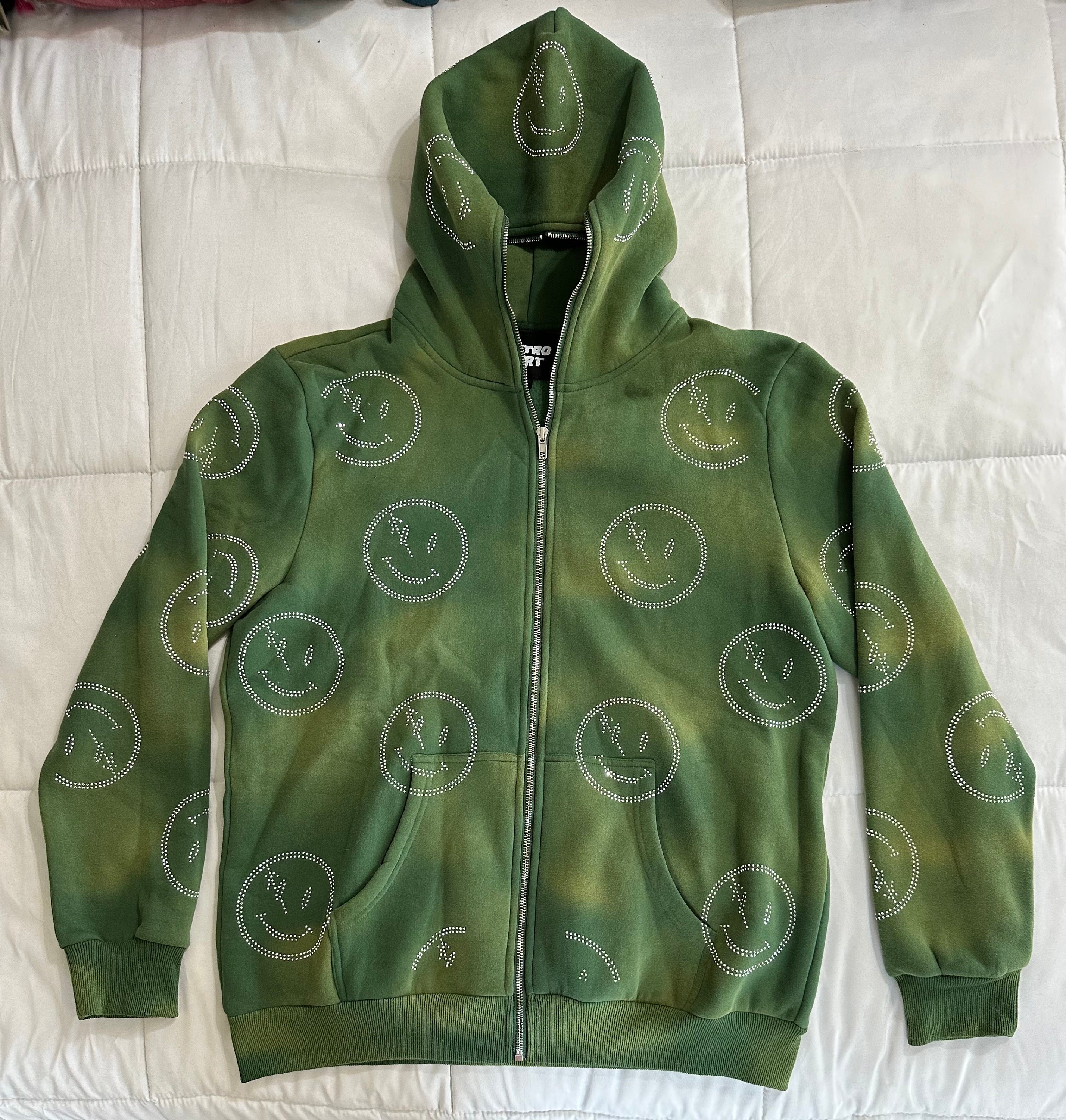 Retrovert All Over Rhinestone Smiley Full Zip Hoodie in Green Mens Size L Etsy