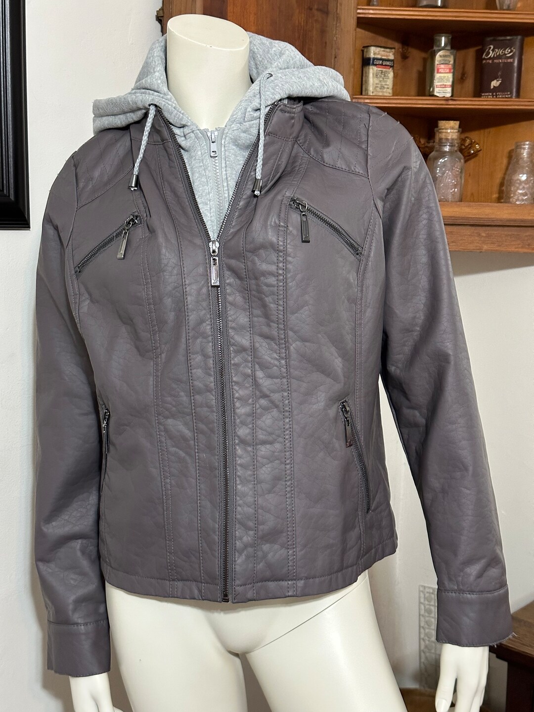 J2 Women s Faux Leather Faux Fur lined Gray Jacket Juniors Size XL NWOT Etsy Canada