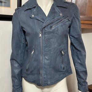 Womens Ralph Lauren Steel Blue Lambskin Leather Jacket Size 6