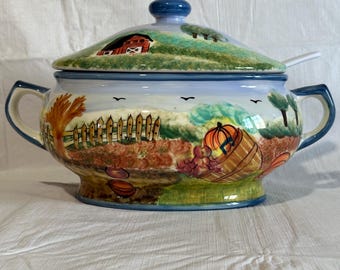 Vintage 80’s WCL Ceramic 3 Quart Soup Tureen Hand Painted Farm Scene Fall Harvest Table Centerpiece with Ladle