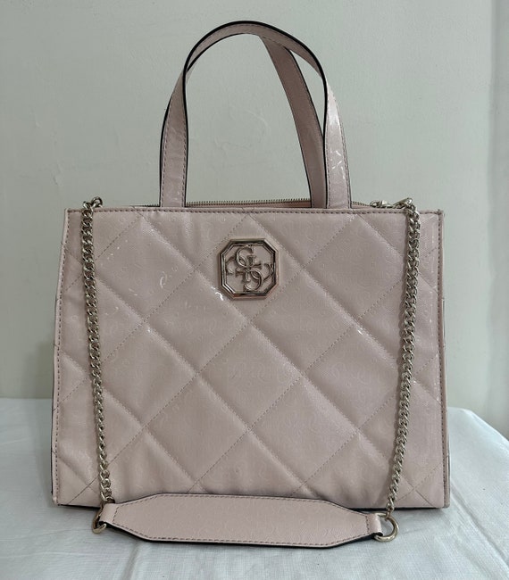 Guess Dilla Pink Patent Logo Quilted Tote Bag Han… - image 1