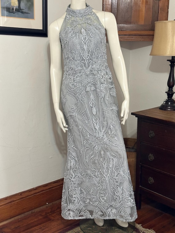 Cameron Blake 82673 High Neck Halter Embroidered & Beaded Seafoam Green Gown - size 12.