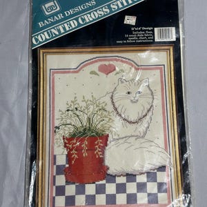 Banar Designs 1994 Counted Cross Stitch Kit "Fluffy White Cat!" 11" x 14" New Old Stock in Original Sealed Packaging