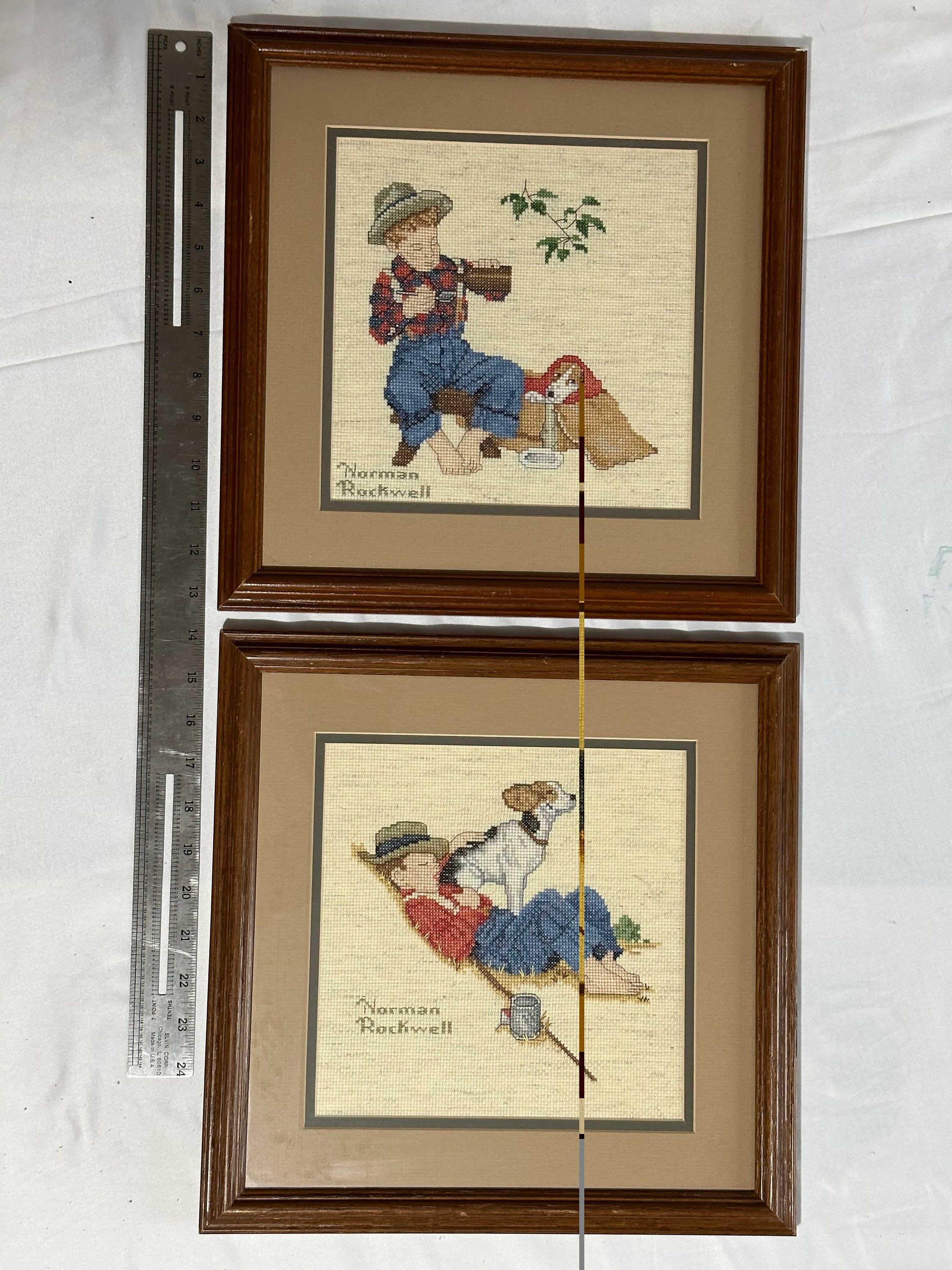Norman Rockwell Pair of Framed/matted Completed Cross Stitch “sick