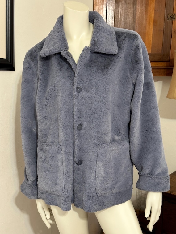 ブルーグレー ファーコート Paula Lishman 美品 Brandon Thomas Reversible Slate Blue Faux Suede & Faux Fur Jacket