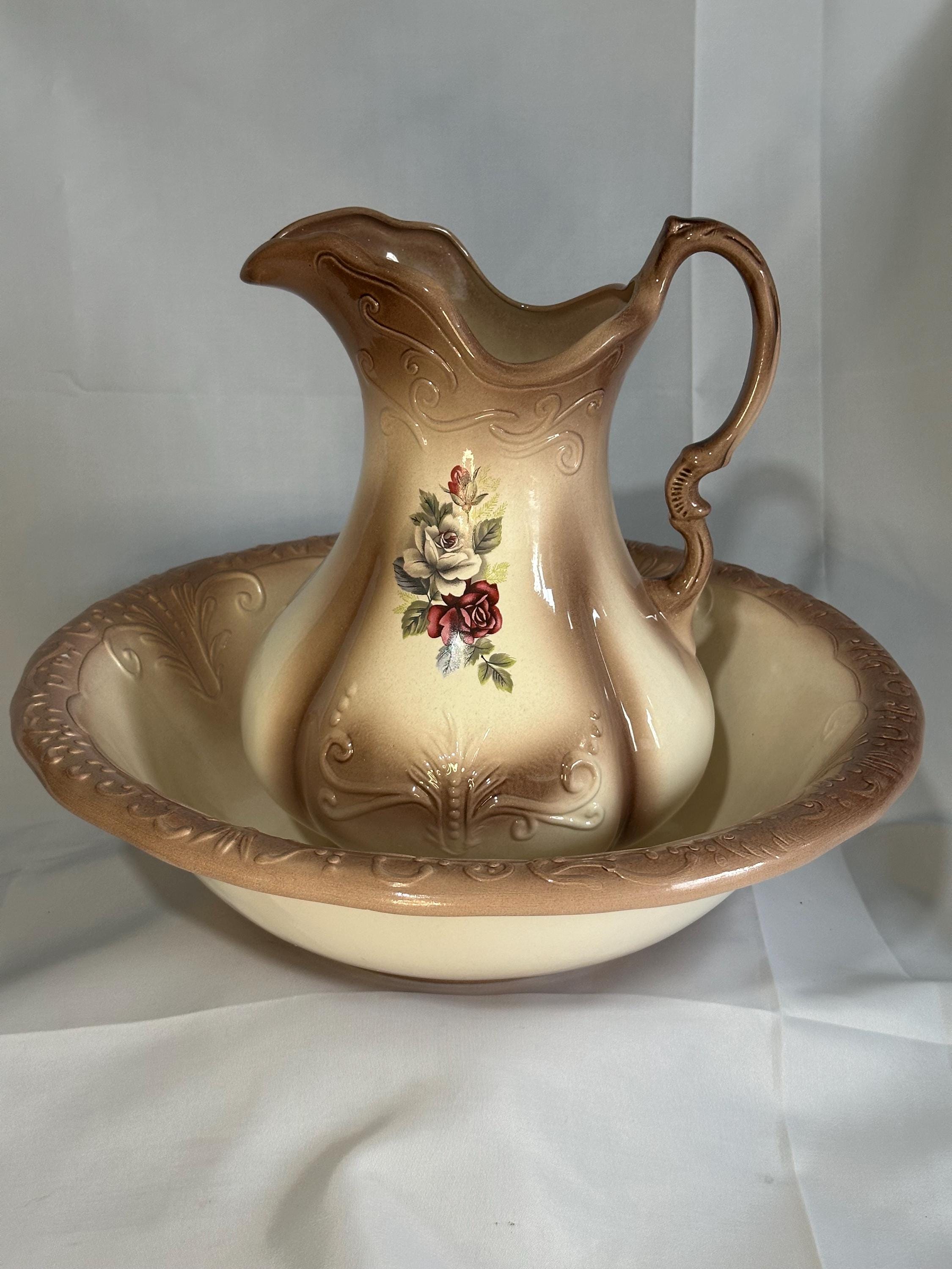 Antique 1890s Large Mauve Ironstone Wash Basin and Pitcher Set