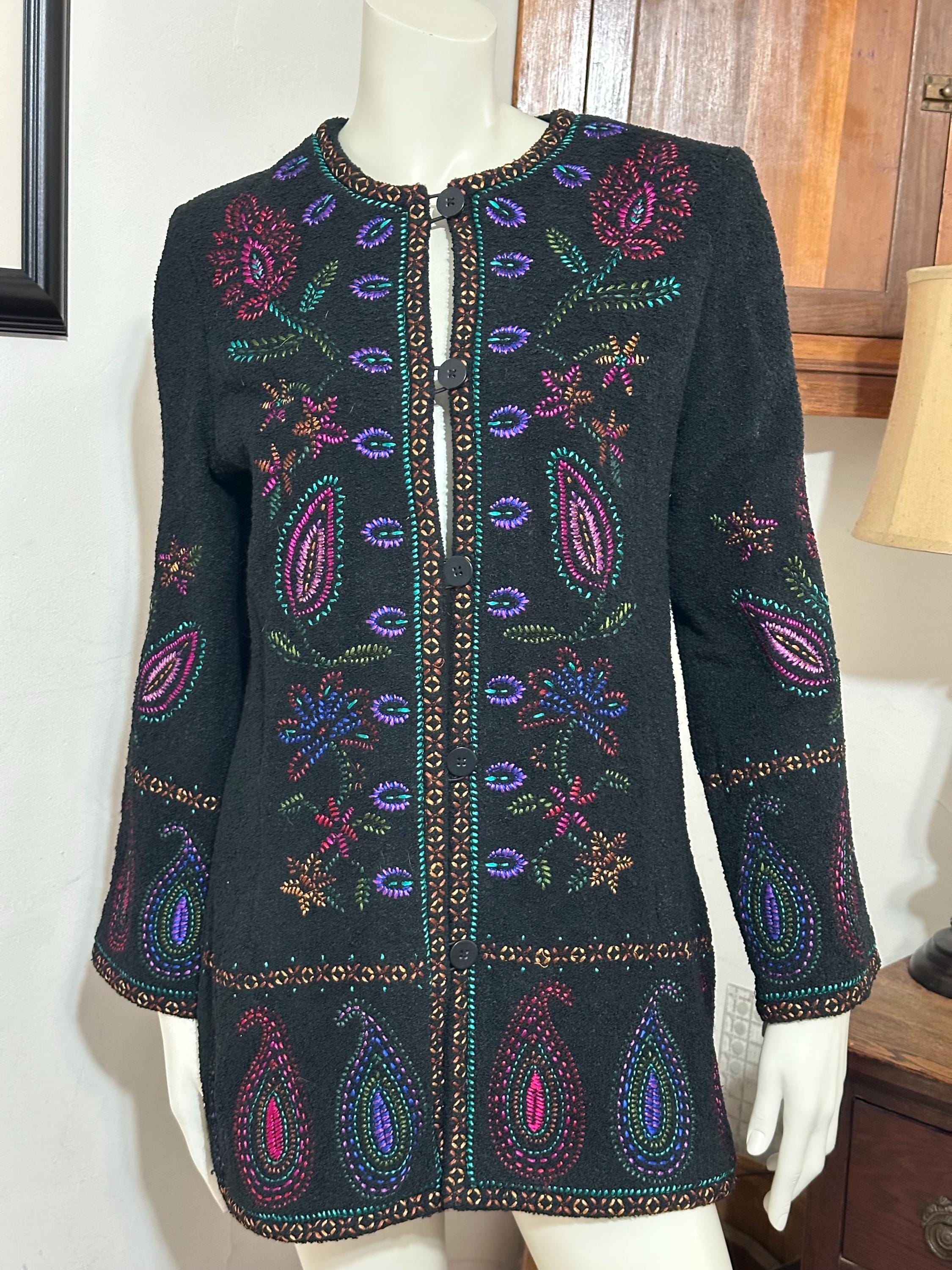 Linea Louis Dell Olio Boho wollen bouclé Art-to-Wear boho geborduurde jas - maat S