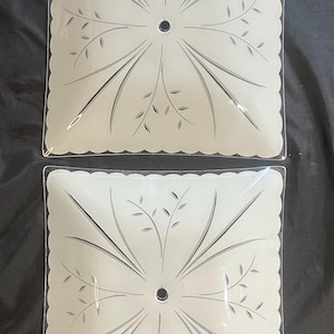 Pair of Vintage MCM Frosted Glass Ceiling Light Covers, Square Scalloped Atomic Wheat Starburst Light Shades, 1950s Flush Mount Diffusers