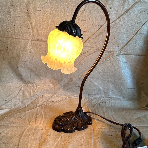 Vintage Table/Accent Lamp Brass Liberty Abat-Jour w/Frosted Tulip Glass Shade