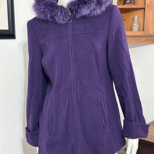 MDP Designs New York Wool Jacket Fox Fur Trim Purple Zip Coat - size M