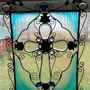 Vintage Gothic Stained Glass Cross hanging panel