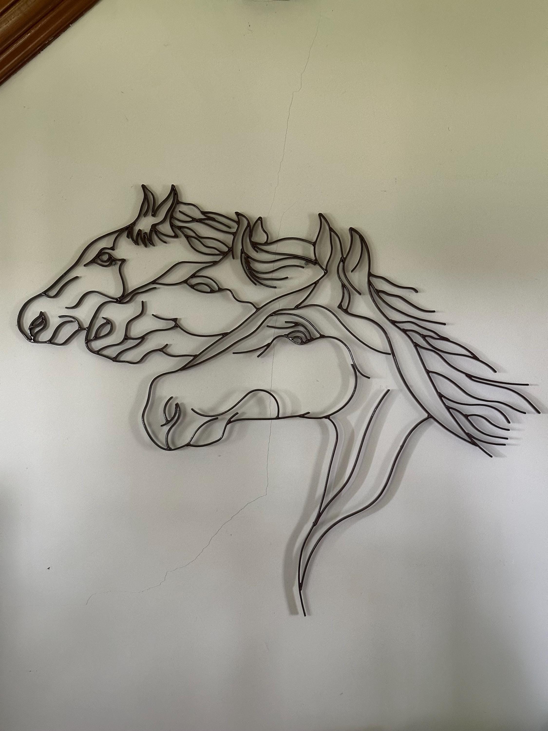 Vintage Brown Metal Wall Art - 3 Horse Heads, Hung Left or Right 
