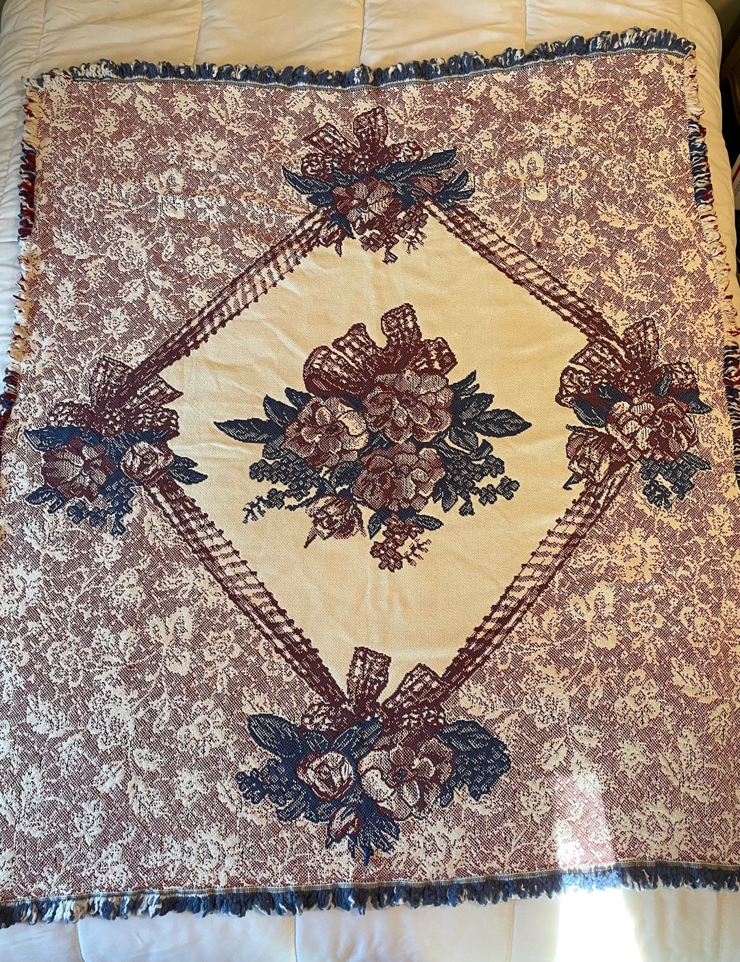 Vintage Double Woven Jacquard Throw Blanket Rose Bouquet 50x60 Etsy