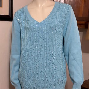 Quacker Factory Light Blue V-neck Sweater Embellished with Sequins - woman’s size L