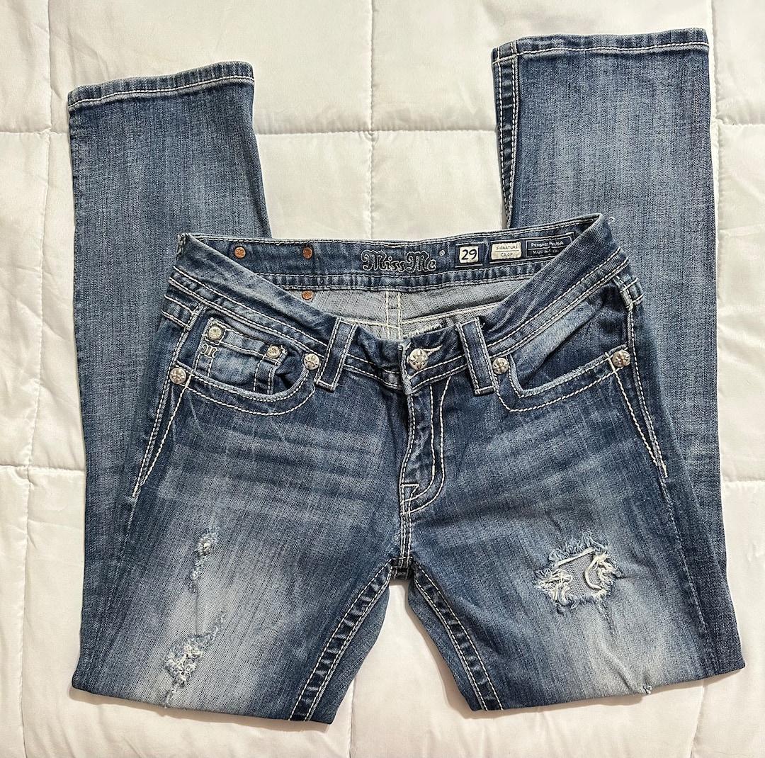 Miss Me Straight Leg Jeans JE8376C Signature Crop Beaded Jeweled