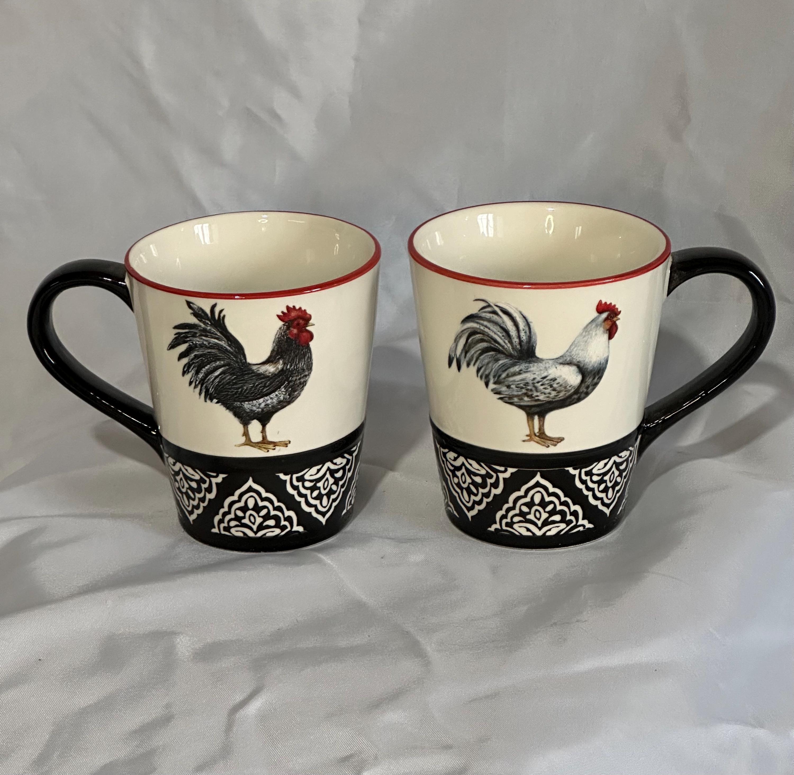 Cracker Barrel Rooster Susan Winget Coffee Mugs Set of 2 Black