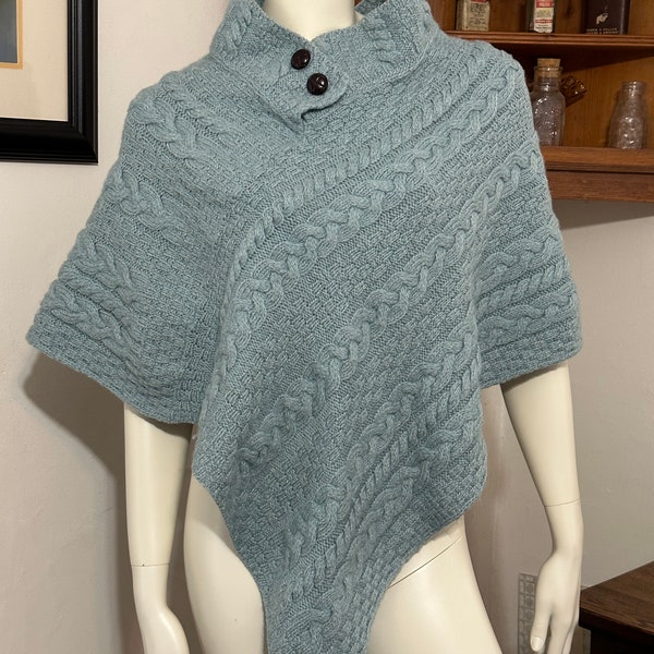 Irish Aran Cable Knit Poncho Merino Wool Button Cape Blue Warm Soft