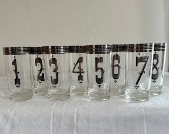 Mid-Century Drinks By The Numbers Glasses, Rare Vintage Silver Band Numbered Tumblers, Mod Silver Deco Highball Collins Barware