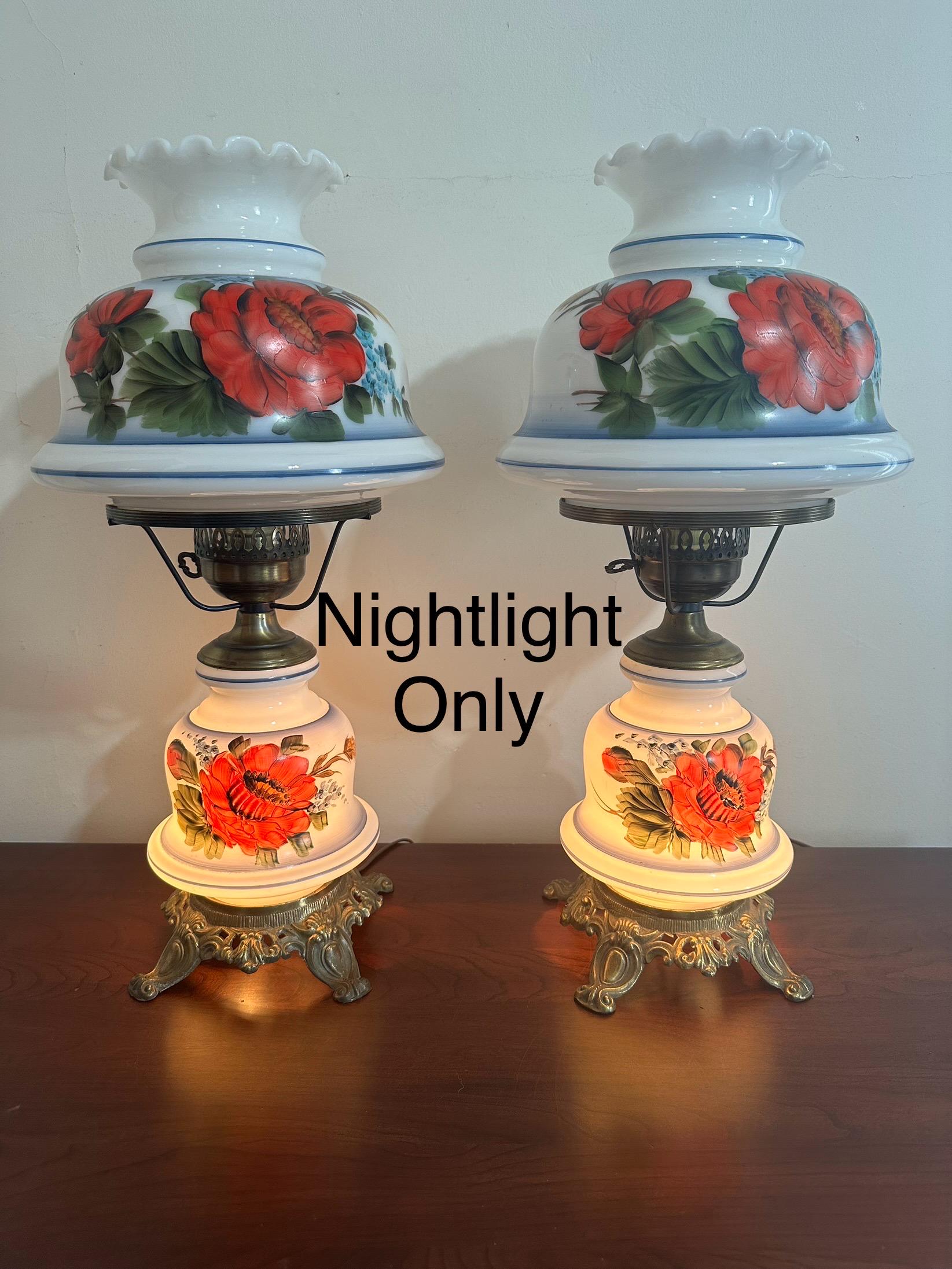 Vintage 70's Hand Painted Floral Milk Glass Hurricane 3 Way Lamps
