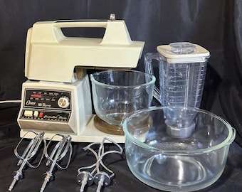 Vintage 70’s Oster Regency Kitchen Center - 10 Speed Stand Mixer and Blender Set with 2 Glass Bowls, Beaters & Dough Hooks; MCM Kitchen