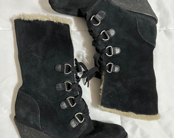 Cole Haan Nike Air Womens D32507 Black Suede Waterproof Wedge Heel Mid Calf Shearling Boots - size 7.5B