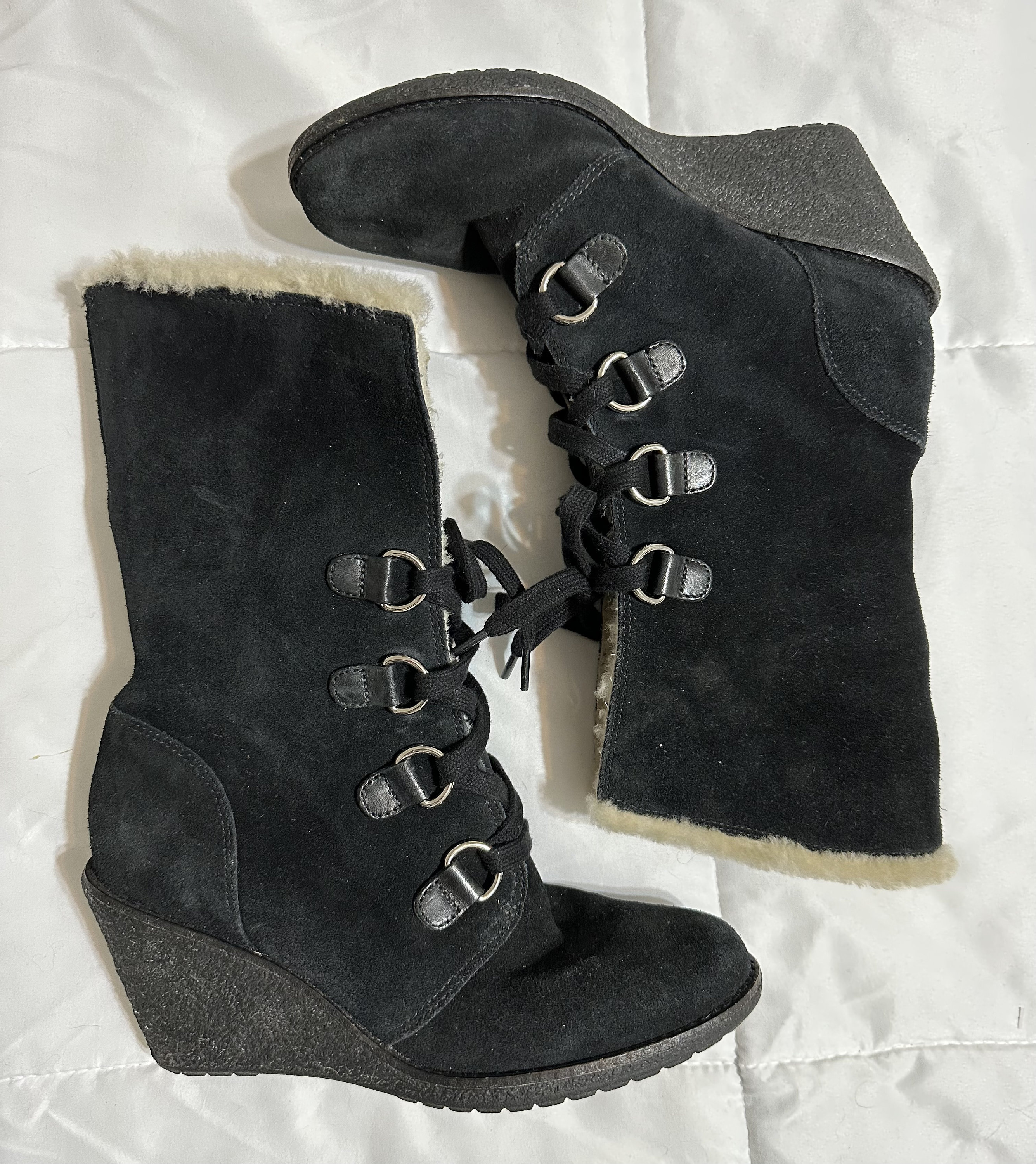 Cole Haan Nike Air Womens D32507 Black Suede Waterproof Wedge Heel Mid Calf Shearling Boots Size 7.5B Etsy