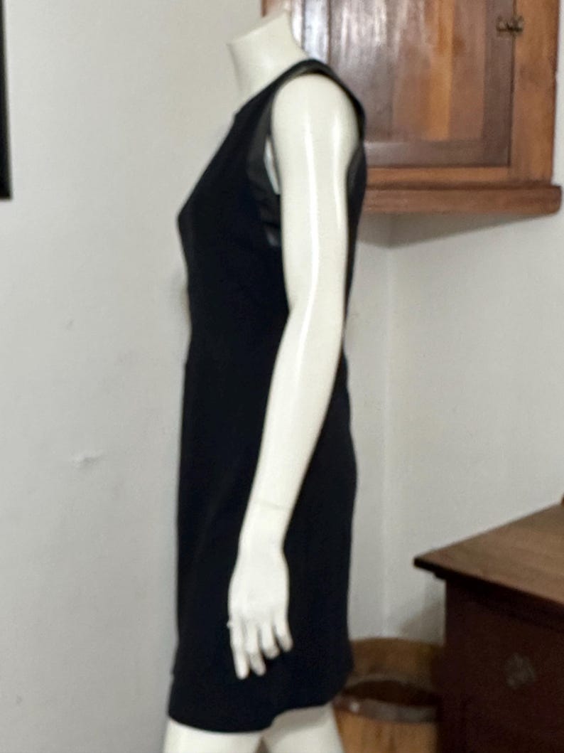 May include: A black sleeveless dress with a sheer mesh panel on the bodice. The dress is fitted and has a straight skirt.