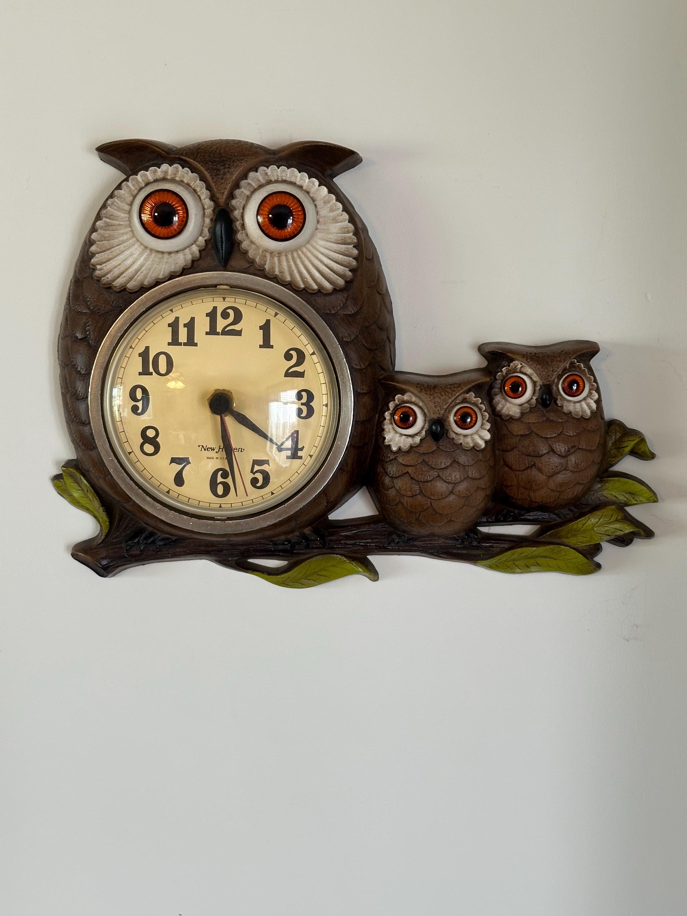 Vintage 1972 Burwood Owl Clock with Original Mechanism; Mid Century Modern Owl Family Wall Clock; Re