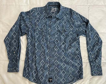 Rock 47 by Wrangler Men’s Indigo Denim Floral Blue Pearl Snap Long Sleeve Western Shirt - size XL