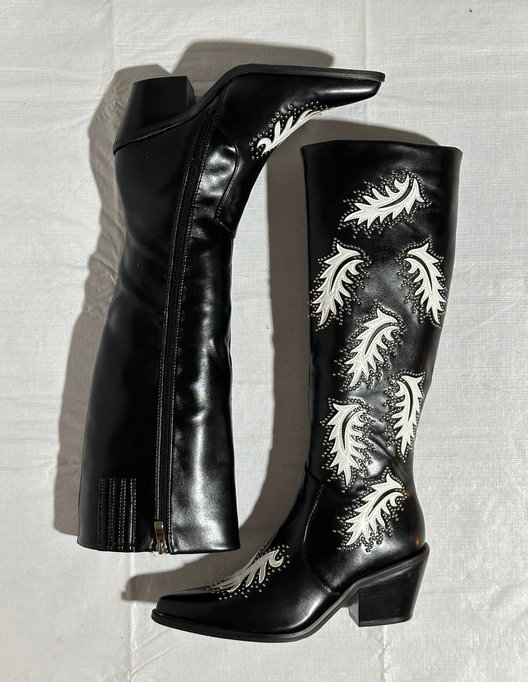 Nasty Gal Black White Faux Leather Leaf Studded Motif Pointed