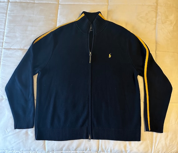 Vintage Polo Ralph Lauren Men's Navy Blue With Yellow Stripe Long