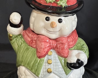 Vintage 1991 Fitz & Floyd Omnibus “Snow Gentleman” Cookie Jar, Hand Painted Ceramic Snowman, Christmas Decor