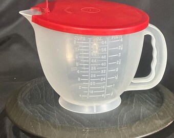 Vintage 70’s Tupperware Mix-N-Store 8 Cup / 12 Quart Measuring Pitcher, Model 500-7, with Red Flip-Top Lid.