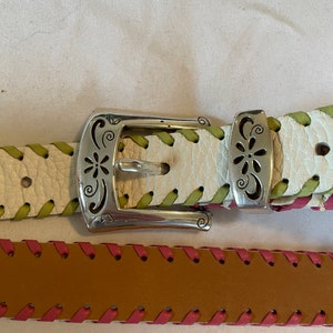 Vintage Brighton White Leather Belt with multi-colored leather stitching Size 36