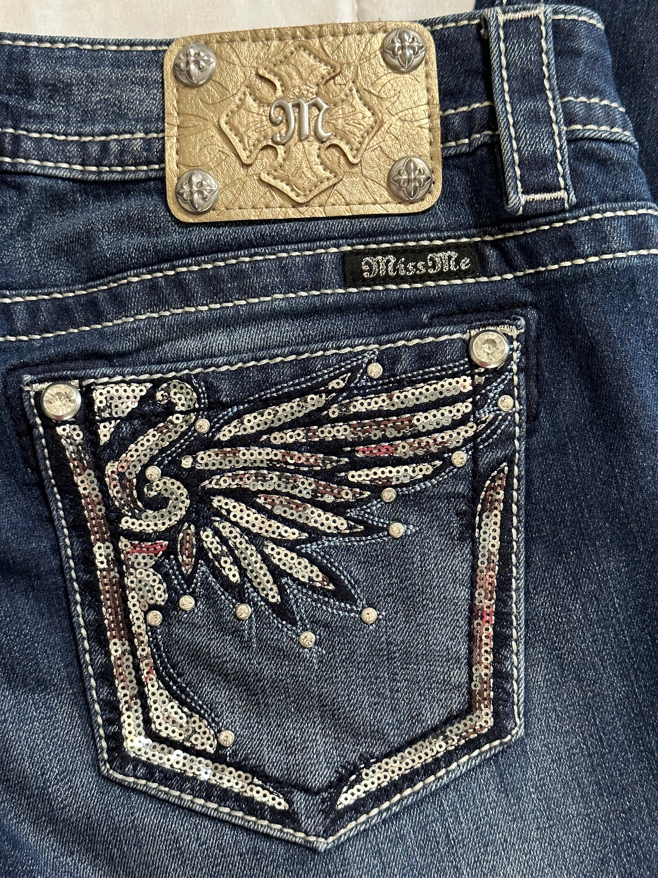 Miss Me Signature Skinny Jeans With Sequin Feathers on Back